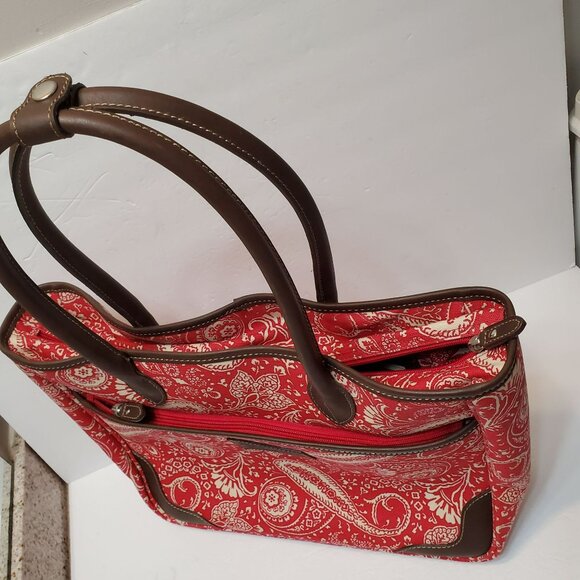 American Living Mackenzie Luggage Tote Bag Red Paisley Print Canvas Faux Leather - Picture 3 of 15